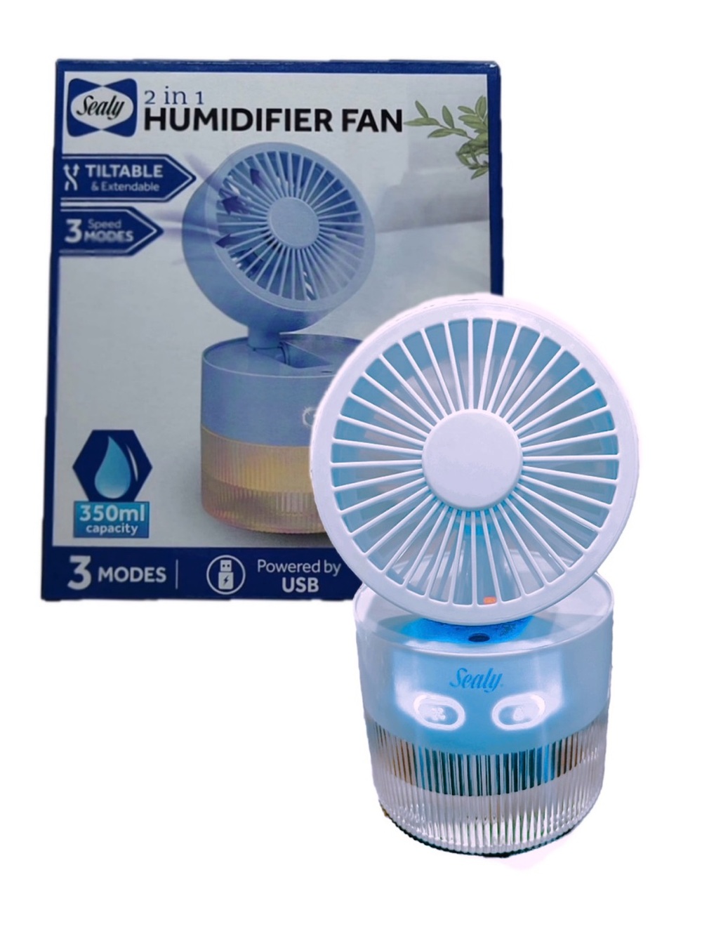 NIB Sealy 2-in-1 Humidifier Fan USB Powered Blue